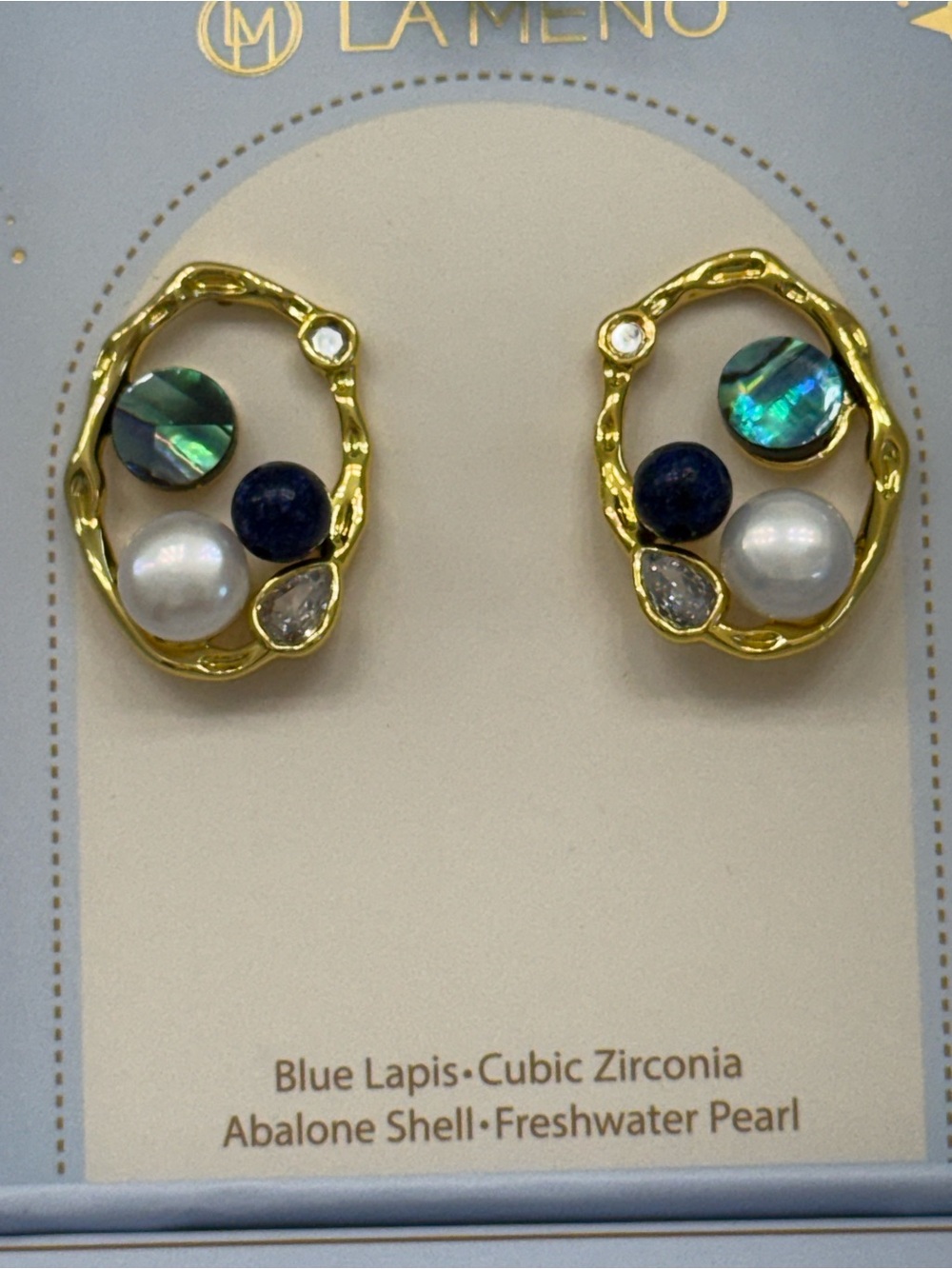 LAMENO Gold Hoop Earrings with Abalone, Lapis & Pearl NIB